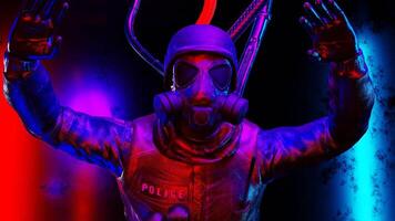 Soaring Bioman in a spacesuit in neon light video