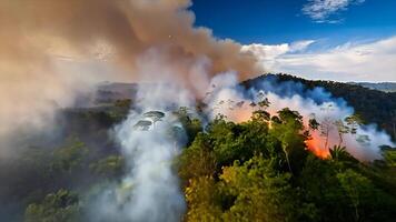 Aerial view of Bushfires in tropical forest that contribute to climate change, Toxic fumes and heavy smoke and fast moving fires, hyper-speed fly, dynamic motion. video