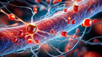 Macro cinematography, large blood cells rests among human vein system. The cells refracts and distorts the view of the surrounding environment. Camera Movement, Start with a close-up of the blood. video