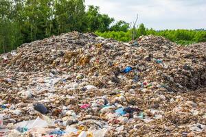 garbage dump pile in trash dump or landfill,garbage dump pile , garbage mountain and tree background, pollution concept photo