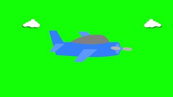 Blue Propeller Plane Animation with Clouds on Green Screen Background video