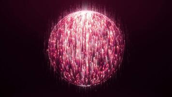 Abstract round sphere made of shiny glitter particles of magical glow on a dark background, energy ball made of bright dots and lines, movement of a spherical ball. Seamless 4K video