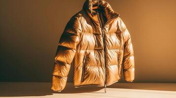 Men's winter jacket on a beige background. 3d rendering photo