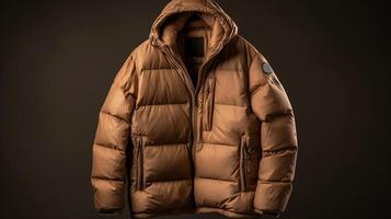 Yellow down jacket hanging on a wooden hanger in the dark room photo