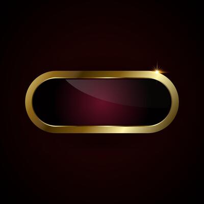A luxury red plate button of ellipse shape with golden frame illustration. Realistic prmium red button on isolated background, website element, golden glossy label.