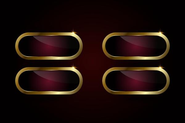Groups of four luxury red plate buttons of ellipse shape with golden frame illustration. Four options of Realistic prmium red buttons on isolated background.