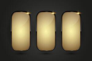 Three Black and gradient Luxury buttons infographic design. set of 3 gold and black buttons, options on isolated dark gradient background, a premium illustration. vector