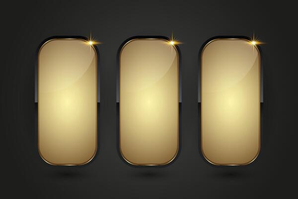 Three Black and gradient Luxury buttons infographic design. set of 3 gold and black buttons, options on isolated dark gradient background, a premium illustration.