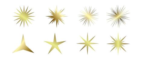Groups of eight luxury star , a unique golden starburst shapes, varying in size, style, and intensity. 8 stars designs range from minimal three-point stars to intricate. vector