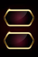Two buttions of luxury red plate Gold rectangle button isolated on gradient red background. 2 Glossy red golden metallic shape. 3D realistic shiny icon vector
