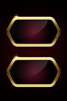Two buttions of luxury red plate Gold rectangle button isolated on gradient red background. 2 Glossy red golden metallic shape. 3D realistic shiny icon
