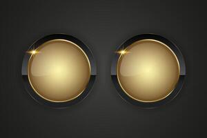 Two luxurious circular button design featuring two golden center with a reflective sheen. Double buttons is outlined by a sleek gold border, complemented by a black background. vector