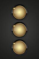 Set of three glowing golden sphere takes center stage, framed by a polished gold rim. The subtle gradient of light on the orb creates a 3D effect, giving it depth and realism vector