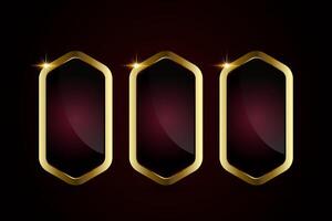 Set of three luxury red plate Gold rectangle buttons isolated on gradient red background. Group of 3 Glossy red golden metallic shape. 3D realistic shiny icons. vector