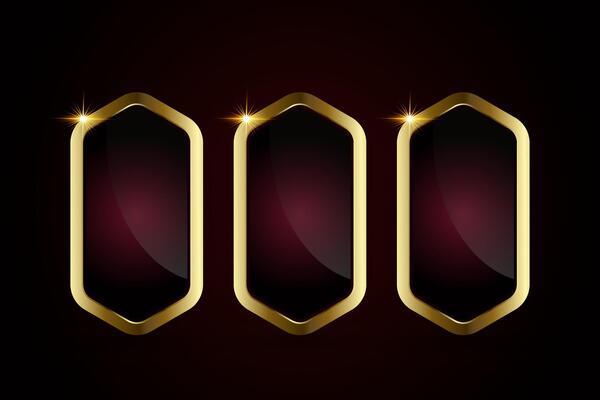Set of three luxury red plate Gold rectangle buttons isolated on gradient red background. Group of 3 Glossy red golden metallic shape. 3D realistic shiny icons.