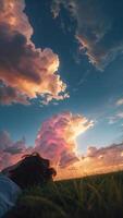 a person laying in the grass with a sunset in the background photo