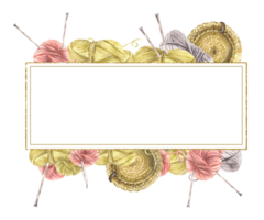 Balls of yarn threads with knitting needles and handmade basket rectangular frame Realistic skeins of string gold framed. Watercolor painted illustration. Hobby label template isolated from background png