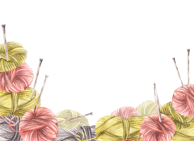 Balls of yarn threads in different color banner, frame. Watercolor hand drawn illustration. Skeins of string with knitting needles. Hobby knitting, handicrafts label template. isolated from background png