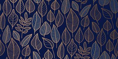 Floral pattern of stylized leaves outlined in metallic gold on deep navy blue background, featuring various leaf shapes with intricate vein details, is ideal for wallpapers, textiles, graphic design vector