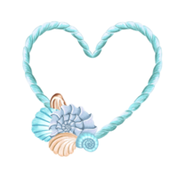 Frame from blue rope in heart shape with seashells. Hand drawn watercolor illustration isolated. Marine border with copy space. Romantic string garland. Nautical template for Valentine, card, textile. png