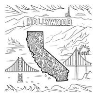 Set of Map of California and fire coloring page, famous Hollywood sign perched on hills, palm trees, Golden Gate Bridge on white background vector