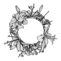 Elegant square template with hand drawn line art tiger lilies. White circle in the center for text. vector