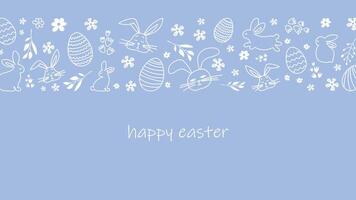Happy Easter.Greeting card on the theme of the religious holiday. Horizontal banner with hand drawn bunnies, Easter eggs and flowers. Can be used for poster, invitation and preview.lavender background vector