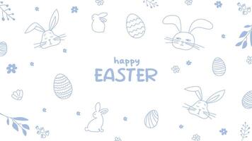 Happy Easter.Greeting card on the theme of the religious holiday.Horizontal banner with hand drawn bunnies,Easter eggs and flowers.Can be used for poster,invitation and preview.White background vector