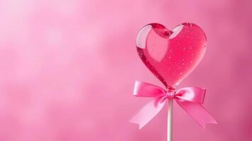 Heart-shaped lollipop with pink bow on pink background for Valentine's day celebration. Horizontal banner. Copy space photo