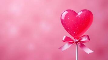 Heart-shaped lollipop with pink ribbon on pink Valentine's day background. Horizontal banner. Copy space photo