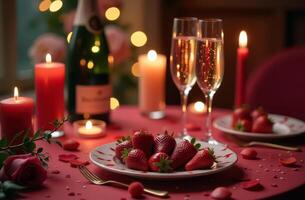 Romantic Valentine's day dinner setting with strawberries and champagne. Horizontal banner. Copy space. Cozy romantic mood photo