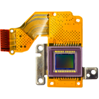 Image sensor in camera and Microprocessor isolated on a transparent background. Computer processor close-up. png