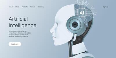 Web banner with AI robot, processor brain, technology, machine learning, neural network, Artificial Intelligence AI landing page concept. vector