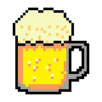 Isolated pixel art of a huge mug full of tasty fresh beer, with a lot of foam overflowing from it. png