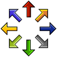 Isolated pixel art in 8-bit blocks, a collection of arrows pointing at many different directions. png