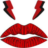 Collage mix, isolated elements, a pair of red lips and two yellow lightnings pointing at them, intense colors. png