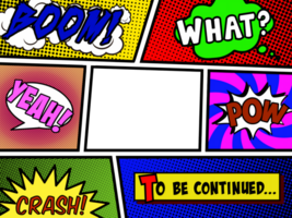 A panel from a comic book page layout, with an empty cutout as the central frame, others contain onomatopoeia and speech bubbles. Boom, what, yeah, pow, crash, to be continued. png