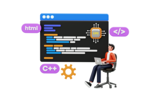 Professional programmer writing code for testing computer software 3d illustration. Male Programmer 3D Illustration png