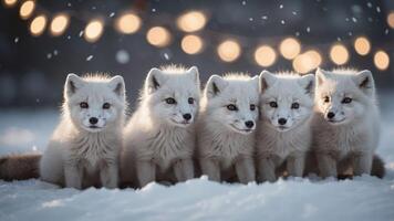 Five adorable arctic foxes sitting together in the snow with soft bokeh lights in the background. photo