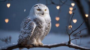 A snowy owl perched on a branch with heart-shaped lights in the background. photo
