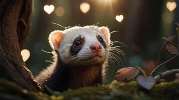 A cute ferret gazes curiously amidst a forest setting with heart-shaped bokeh in the background. photo