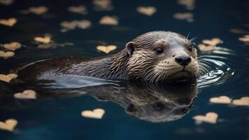 A playful otter swims amidst heart-shaped leaves in a serene water setting. photo