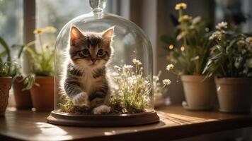 A playful kitten enclosed in a glass dome surrounded by flowers and greenery. photo