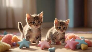 Two playful kittens surrounded by colorful toys in a bright setting. photo