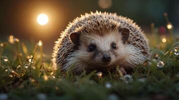 A close-up of a hedgehog in a grassy setting with a soft glow in the background. photo