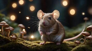 A whimsical scene featuring a mouse among glowing mushrooms in a forest setting. photo