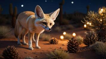 A fennec fox explores a desert landscape illuminated by soft lights and surrounded by plants. photo