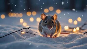 A charming mouse in the snow surrounded by soft glowing lights creates a whimsical winter scene. photo