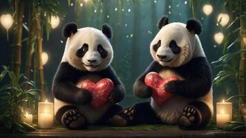 Two pandas holding heart-shaped gifts in a serene bamboo setting with candles. photo