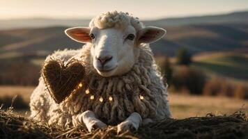 A sheep with a heart-shaped decoration resting in a serene landscape at sunset. photo